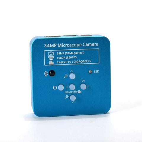 Ultra High Resolution 34MP Full HD 2K 1080P Digital Microscope Camera With HDMI And USB For Phone And PC Ideal For PCB Repair Electronics Inspection Industrial Microscopy And Precise Solder Work, blue metal front view