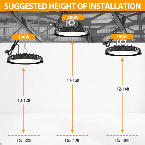 Installation height guide for Led High Bay Light 150W UFO Fixture For Warehouses And Shops With Boss Level Brightness.