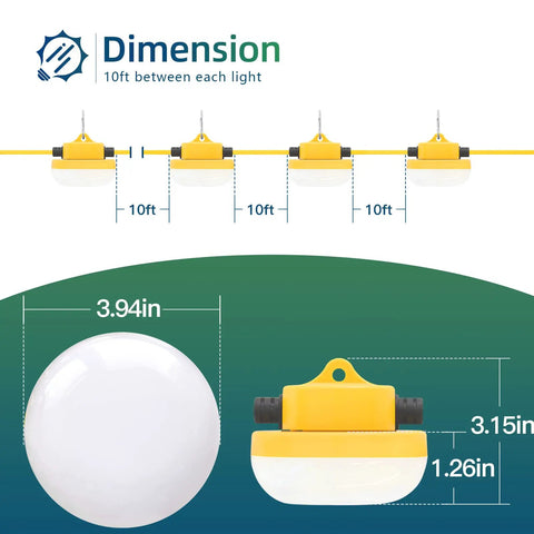Dimensions of Ultra Bright 40W LED Construction String Light With 5000 Lumens Per Head showing 10 ft spacing and light size