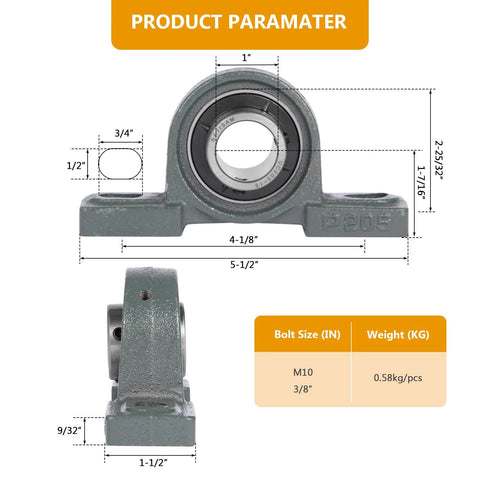 Front view of UCP205-16 mounted pillow block bearing, steel housing, 1 in bore with mounting holes.