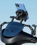 Handlebar Extender 8 Inch Cross Bar for Mounting Bike and Motorcycle Accessories Like Phone Holder GPS Navigation Action Camera and Extra Lights for Safer Hands-Free On The Go with attached phone holder.