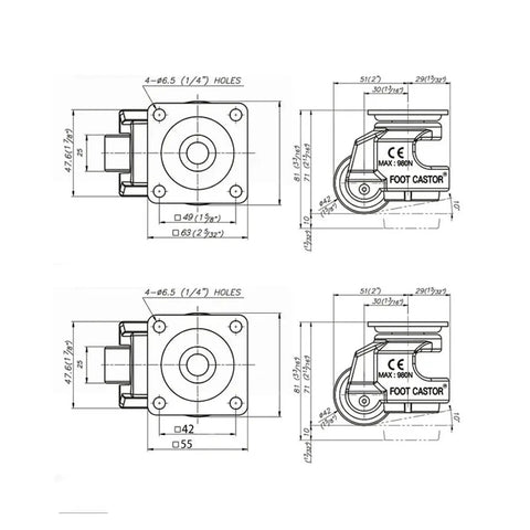 Technical drawing of Heavy Duty Nylon Leveling Casters Four Pack Adjustable Swivel Wheels with dimensions and details.