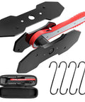 Brake caliper piston compressor tool kit with red handle, four hooks, two large steel plates, and carrying case.