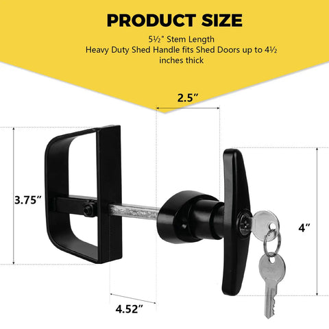 Super Tough Outdoor T Handle Lock Kit For Shed Doors Including Five Keys And Full Mounting Hardware Perfect For Playhouses Chicken Coops Rv Campers Or Garages To Lockdown Everything Secure In Matte Black, measuring 4.5 inches.
