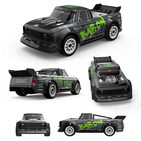 One Sixteen Scale 4WD RC Car With High Speed Drifting Up To Twenty MPH Off Road Buggy 4X4 Toy Car With Lights, side and top views.