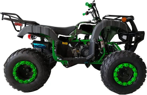 Side view of dark green Beefy 200cc Full Size ATV Quad For Adults And Youth With LED Lights Matching Rims Automatic Transmission With Reverse Rugged All Terrain Ride For Off Road Fun And Weekend Adventures