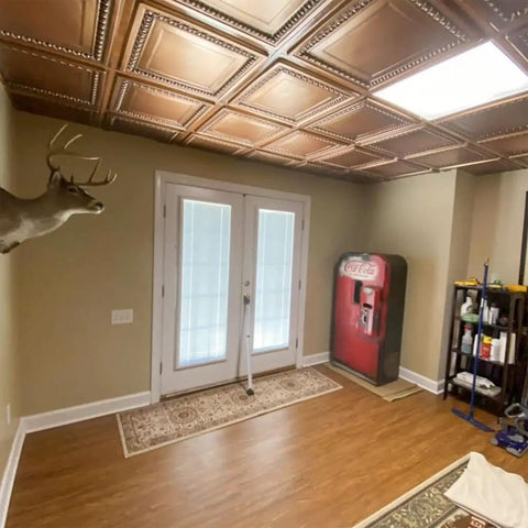 Room with From Plain To Beautiful In Hours Aged Copper Tin Look PVC Ceiling Tiles 2x2 Ft Lay In Or Glue Up Covers 40 Sq Ft