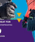 Two hands wearing insulated gloves highlighting Glove Proof High Performance Waterproofing Treatment Restores DWR Water Repellency.