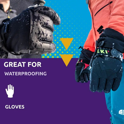 Two hands wearing insulated gloves highlighting Glove Proof High Performance Waterproofing Treatment Restores DWR Water Repellency.