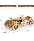 Side view of 3D Wooden Puzzle Car Kit for Adults No Glue Needed Mechanical Model Vehicle Build Kit Laser Cut Plywood 1 16 Scale Grand Prix Car Brain Teaser Dope Gift for Birthday Christmas showing dimensions in inches.