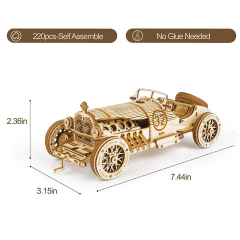 Side view of 3D Wooden Puzzle Car Kit for Adults No Glue Needed Mechanical Model Vehicle Build Kit Laser Cut Plywood 1 16 Scale Grand Prix Car Brain Teaser Dope Gift for Birthday Christmas showing dimensions in inches.