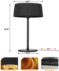 Electric Outdoor Infrared Heater 1500W For Indoor And Outdoor Patio Use IP55 Waterproof black tabletop design with measurements.