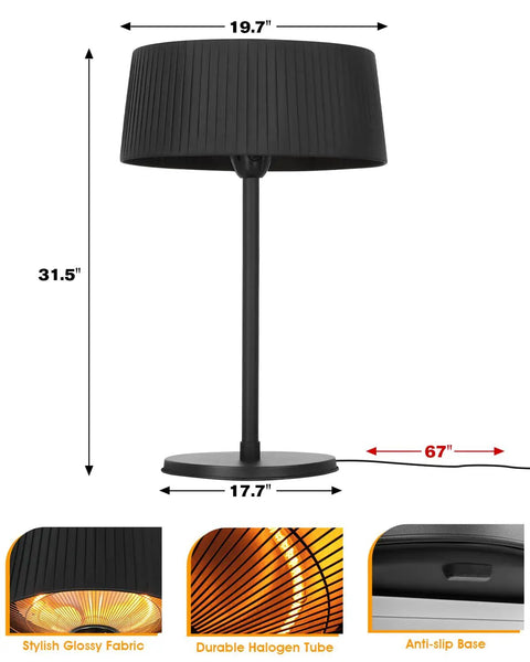 Electric Outdoor Infrared Heater 1500W For Indoor And Outdoor Patio Use IP55 Waterproof black tabletop design with measurements.