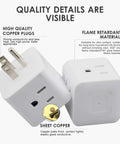 Four Way Wall Tap Outlet Extender For Home Office And Kitchen 4 Grounded AC Outlets Power Strip 120V 15A Up To 1800W USA Plug Adapter showing copper plugs and flame retardant materials.