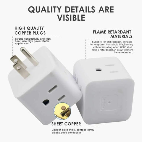 Four Way Wall Tap Outlet Extender For Home Office And Kitchen 4 Grounded AC Outlets Power Strip 120V 15A Up To 1800W USA Plug Adapter showing copper plugs and flame retardant materials.