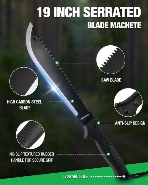 19 Inch Machete With Saw And Sheath, Sharp Blade, Ergonomic No Slip Handle For Bushcraft, Camping, Hunting.