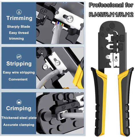 No Fuss Multi-Function Heavy-Duty Network Cable Tester Tool Kit with crimping features for RJ45 RJ11 connector use.