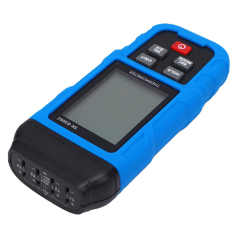 Prograde K And J Type Digital Thermocouple Thermometer Usb Rechargeable High Temp Data Logger showing a blue handheld device with screen.