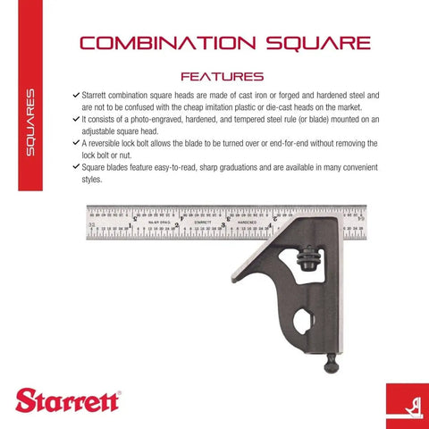 Steel 6 Inch Combo Square With Square Head Cast Iron Bodies Hardened Ruler Reversible Lock Bolt Scriber And Spirit Level 4R Graduation for precise readouts, featuring the square and ruler with measurements and cast iron body.