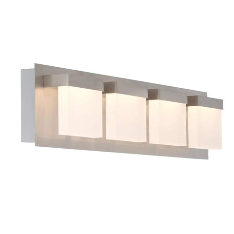 Alberson 4 Light Brushed Nickel LED Bath Bar Light Modern Vanity Fixture with sick sleek lines, illuminated side view.
