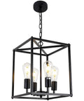 Black Farmhouse Four Light Chandelier Pendant For Dining Room And Kitchen Island Adjustable Height Industrial Lantern Fixture