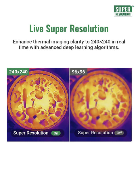 Thermal Imaging Camera With Laser Pointer And IntellFault Scene Detection For Fast Water Leak And Insulation Gap Scans, image showing 240x240 and 96x96 IR resolution comparison.