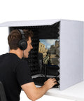 Portable Soundproof Box Vocal Recording Booth With Heavy Duty Acoustic Foam For Crisp Singing And Podcasting Straight Up Crush Background Noise Build Fire Tracks At Home Studio. User recording vocals with monitor.
