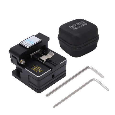 Optical Fiber Cleaver With 16 Cutting End Faces In Plastic Housing, Pro Grade Fiber Cutter Tool With Auto Return, tools and case shown