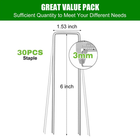 Heavy Duty 6 Inch Garden Staples, 11 Gauge, 25 Pack, Galvanized U-Shaped Ground Nails, anti-rust design with 3mm wire size.
