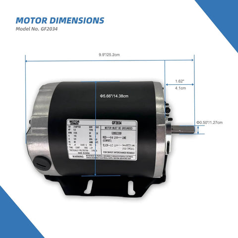 1/3HP 115V Blower Motor 1725RPM 48 Frame with dimensions and model GF2034