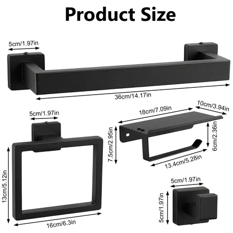 Product size for Dope Matte Black Bathroom Accessories Set 5 Piece Rustproof SUS304 Stainless Steel Wall Mounted Hardware