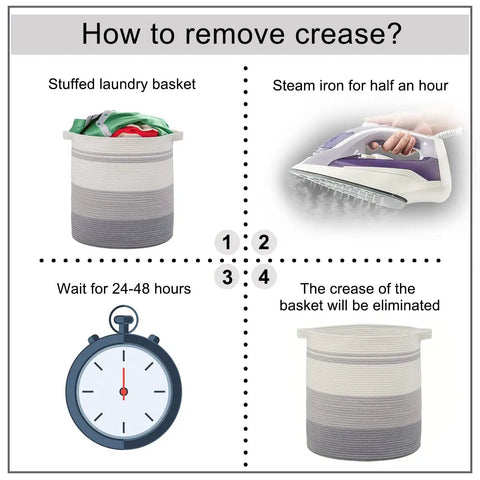 How to remove creases from 80 Liter Woven Laundry Hamper With Sturdy Handles And Decorative Storage Basket For Living Room Toy Bin Pillows Blankets And Clothes 20x18 Inch Gradient Gray Natural Handmade Durable Safe For Kids Nursery with a steam iron and waiting process.