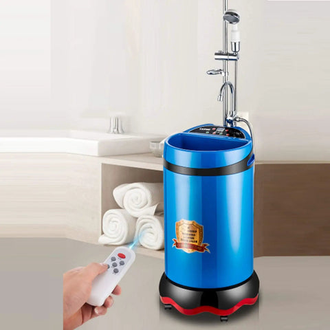 Killer Portable Shower Station Pairing Smart Electric Water Heater With A Gritty 2000 Watt Power Surge, blue tank with remote control.