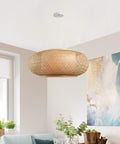 Vintage Bamboo Woven Pendant Chandelier With Birdcage Shade And Wicker Light Fixture 1 Light Farmhouse Beige 19.69 Inch Ceiling Lamp