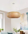 Vintage Bamboo Woven Pendant Light With Birdcage Shade over living room, beige wicker design, cozy rustic farmhouse chandelier