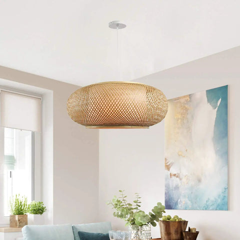 Vintage Bamboo Woven Pendant Light With Birdcage Shade over living room, beige wicker design, cozy rustic farmhouse chandelier