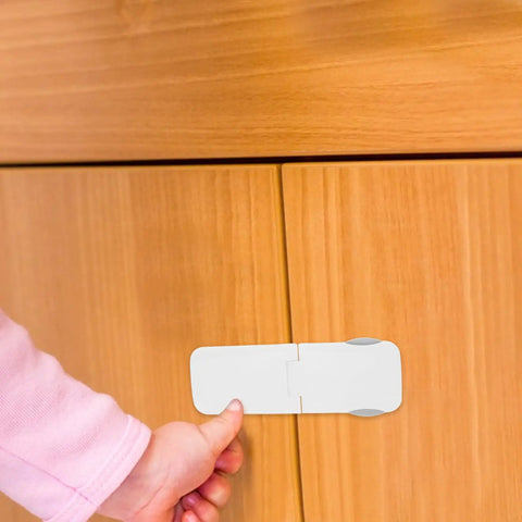 2 Pack Childproof Drawer Locks For Cabinets And Drawers Universal Fit ABS Self Adhesive Safety Latches in use on wooden cabinet