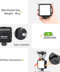 VL49 2000mAh LED Video Light With 3 Cold Shoe Mounts, shown with Type-C interface and weight 90g, suitable for cameras and vlogging.