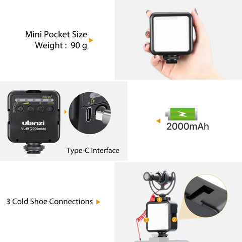 VL49 2000mAh LED Video Light With 3 Cold Shoe Mounts, shown with Type-C interface and weight 90g, suitable for cameras and vlogging.