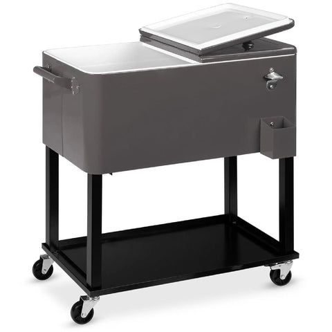 Outdoor 80 Quart Steel Rolling Cooler Cart with Ice Chest Bottle Opener Drain Plug and Locking Wheels for tailgates and BBQs