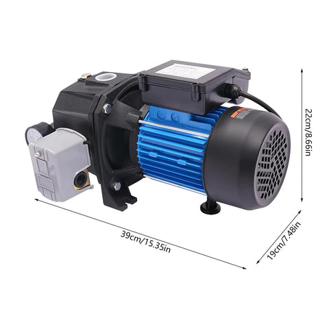 Side view of 1 HP Shallow And Deep Well Pump With Ejector Kit Workhorse Cast Iron Jet Water Pump Auto Pressure Switch 110V