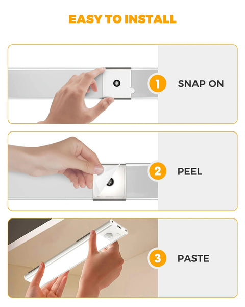 Easy installation steps for Under Cabinet Lights With Motion Sensor, Battery Operated Rechargeable Wireless Closet Light Bundle Of 3