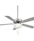 Contractor Uni-Pack 52 Inch Five Blade LED Ceiling Fan in brushed steel finish with silver blades and frosted white glass LED light