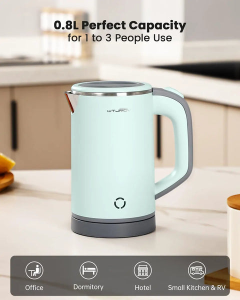 Compact Stainless Steel Electric Kettle 0.8L Portable For Camping, Travel, Office And Home With Auto Shut Off on kitchen counter