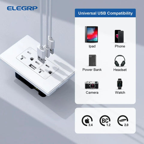 3-Port USB C Wall Outlet With USB A Ports, 20 Amp Receptacle, Matte White, tamper-resistant, screwless plate, device compatibility