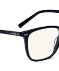 Wellington Style Blue Light Blocking Safety Glasses With Slick Black Acetate Frame And Crystal Clear Plano Polycarbonate Lenses, side view.