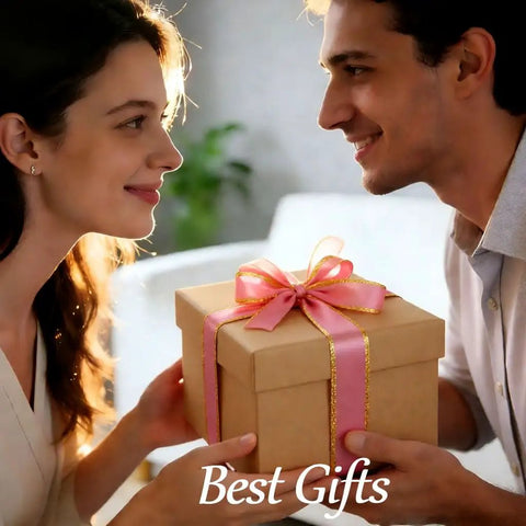 A couple exchanging a gift box with pink ribbon, potential gift for Beginner Friendly Bonsai Starter Kit With Seeds And Tools All In One Indoor Tree Growing Set For Living Plants Great Gift For Women Men Mom Dad Plant Lovers Includes Soil Discs Pots Markers Clipper And User Manual.