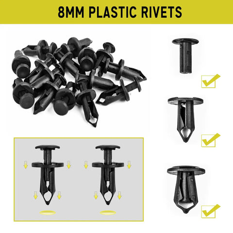 Universal Engine Splash Shield Bolts Kit 45Pcs With Push Retainer Rivet Clips showing 8mm plastic rivets and installation illustration