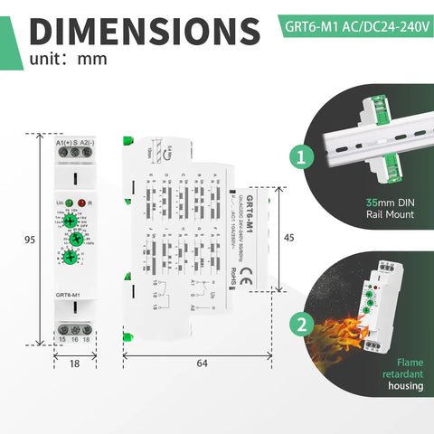 Dimensions of the Go-To Programmable Time Relay Delay On Off 10A Industrial Timer For AC DC 24-240V DIN rail mount