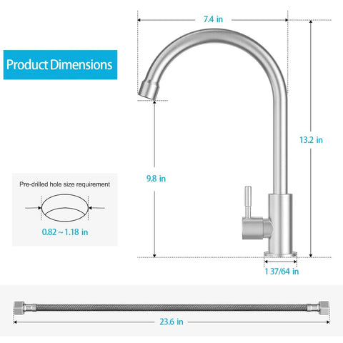 A Total Game Changer For Your Modern Kitchen Or Home Bar With This Dependable Cold Water Only Faucet Finished In Smooth Brushed Nickel And Built Darn Tough From Pure Food Grade 304 Stainless Steel dimensions diagram showing height, spout size, and hose length.
